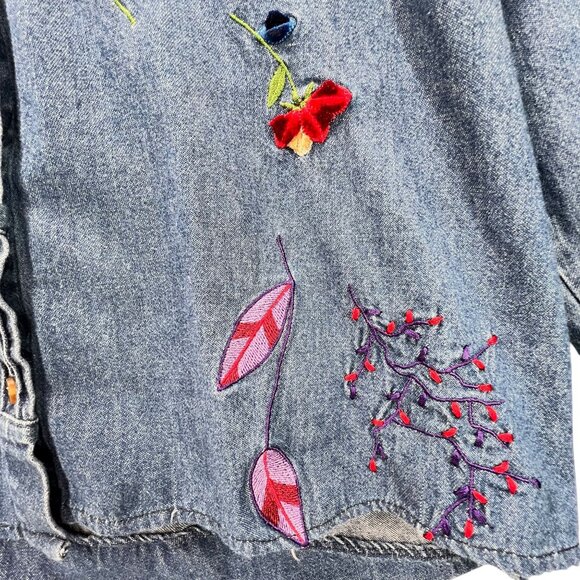 Vtg Bobbie Brooks Embroidered Denim Floral Shirt XL Floral Pintuck Blue Collar - Picture 8 of 16